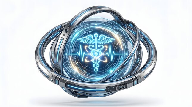Abstract 3d medical concept with a glowing caduceus symbol inside a rotating metallic orbital sphere structure