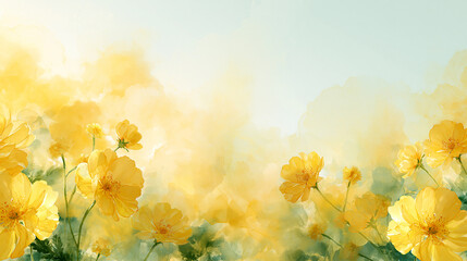 Obraz premium Yellow Cosmos Flowers Watercolor Background Frame with Copy Space