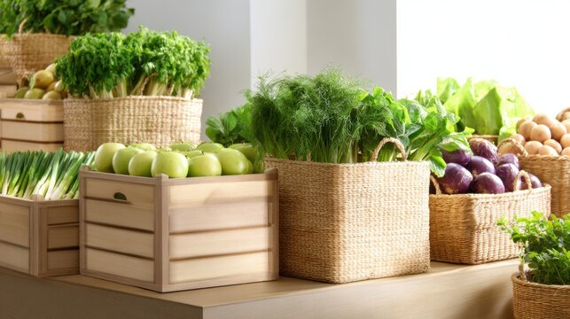 A vibrant display of fresh vegetables and fruits in woven baskets on a wooden table