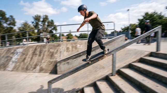 Skateboarder Grinding Down Rail in Outdoor Skatepark