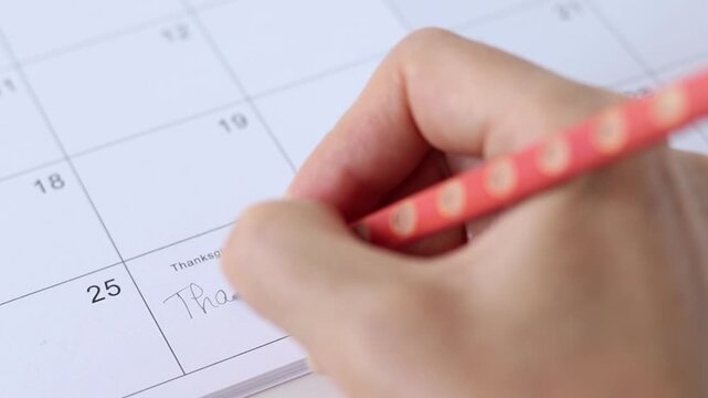 Hand writing "Thank You" text in a calendar. Gratitude and thanksgiving concept.