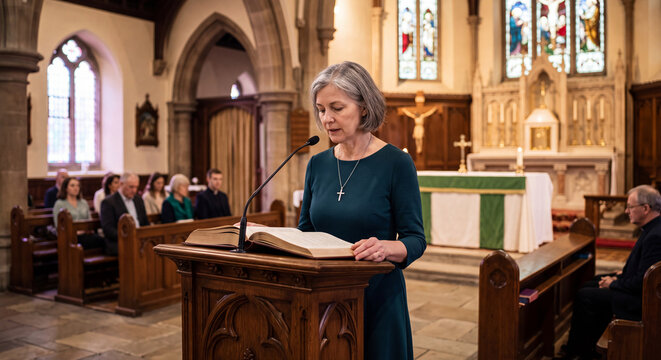 A mature female lector stands at a wooden pulpit reading aloud from a sacred text to an attentive congregation inside a historic chapel