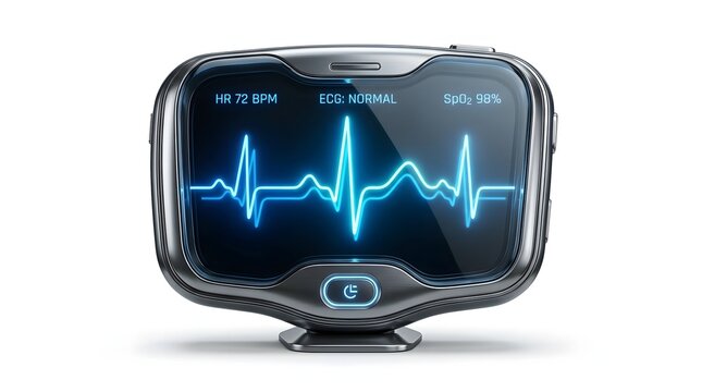 Futuristic medical monitor displaying a glowing blue heartbeat rhythm on a dark digital screen isolated on white