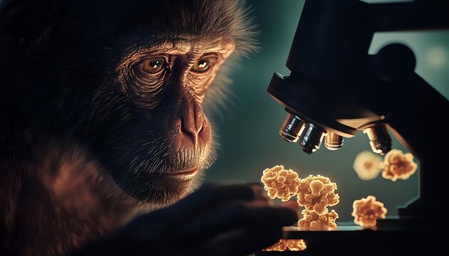 Primate scientist examining virus cells under microscope