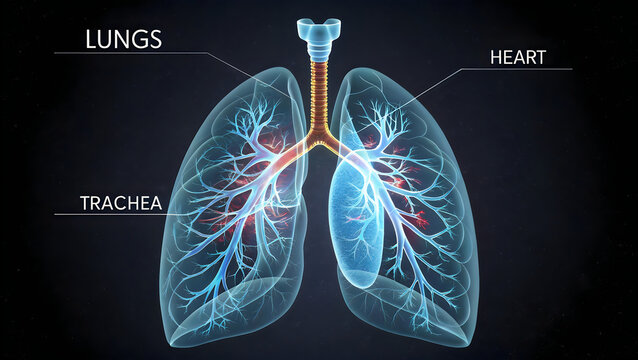 Anatomical illustration of human lungs and trachea