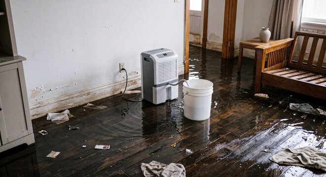 A flooded residential room after water leakage disaster featuring standing dirty water on floor with a portable dehumidifier drying equipment and bucket setup