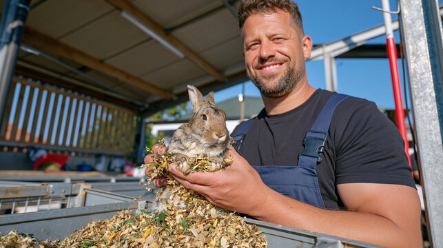 A warrener tends rabbit hutches in a warm indoor barn, process in action as he prepares natural sustainable bedding materials, autumn September evening light through slat walls, heritage farming cra