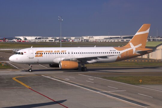 KUALA LUMPUR, MALAYSIA - MARCH 18, 2024: Super Air Jet Indonesian budget airline Airbus A320 at Kuala Lumpur International Airport.