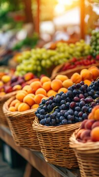 A vibrant market display featuring various fresh fruits in woven baskets under warm sunlight