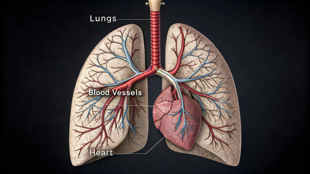 Anatomical diagram of the human lungs and heart