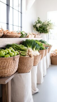 A bright and airy market display showcasing fresh produce in woven baskets on wooden shelves