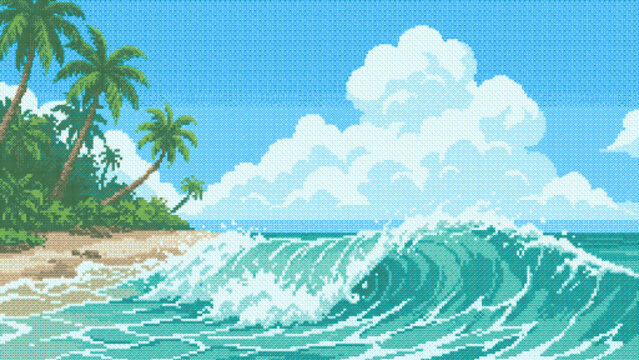 Pixel Art Tropical Beach Scene With Crashing Ocean Wave, Tropical Pixel Art Seascape With Large Ocean Wave