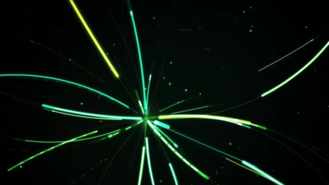 Modern futuristic neon green light trails flying fast in virtual speed tunnel motion background