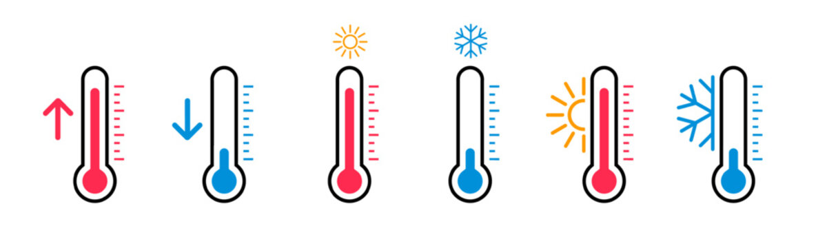 Thermometer indicator logo with sun and snowflake icons, сontrol warm high comparison, weather hot and cold temperature scale signs