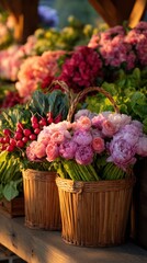 Naklejka premium Baskets filled with vibrant peonies and radishes showcase a colorful market scene at sunset