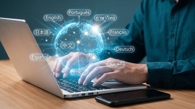 Person typing on laptop with global language connections with person types laptop hands keyboard communication translation technology computer