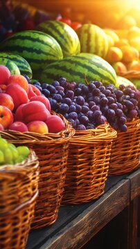A vibrant display of fresh fruits in baskets, showcasing a variety of colors and textures