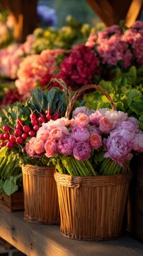Baskets filled with vibrant peonies and radishes showcase a colorful market scene at sunset