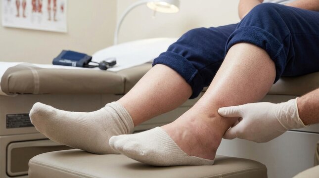 Swelling in leg: medical exam, patient ankle, doctor glove, pitting edema, venous insufficiency, fluid retention, physical assessment, clinical check, health condition.