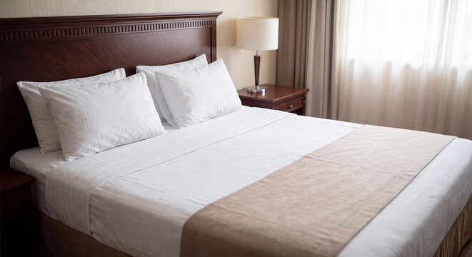 A perfectly made double bed featuring fluffy white pillows a smooth clean duvet and a beige bed runner arranged in an elegant modern hotel bedroom