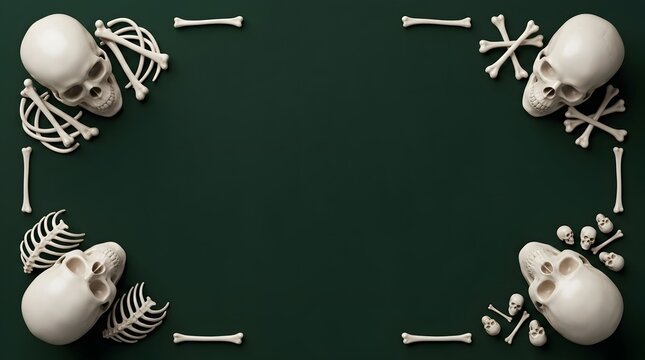 Skeleton Skull Frame on Dark Green Background