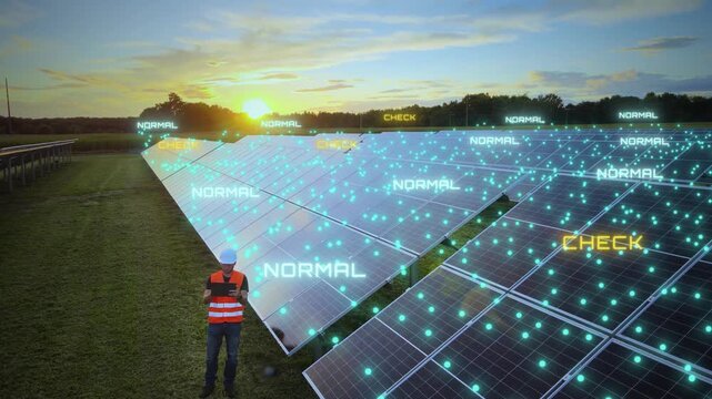 Engineer performs solar panel inspection using smart AI energy. Motion graphic animation