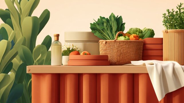 A colorful assortment of vegetables and herbs displayed on a wooden surface, with plants in the background