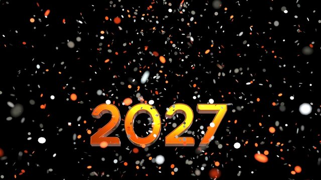 Happy New Year 2027 Golden Numbers with Falling Particles on Black Background