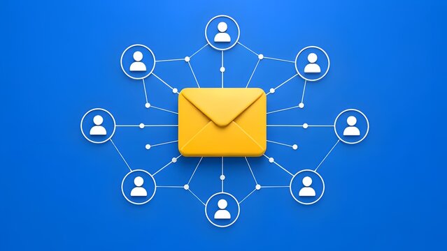 Email Marketing Network Concept with Envelope and Connected User Icons on Blue Background for Digital Communication and Newsletter Distribution