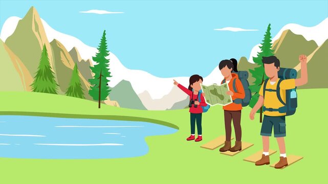 Family enjoying outdoor adventure beside lake. Family adventures concept. Full length Icon animation illustration. High quality&nbsp;4k&nbsp;footage