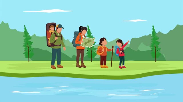 A family is walking beside the lake. Family adventures concept. Full length Icon animation illustration. High quality&nbsp;4k&nbsp;footage
