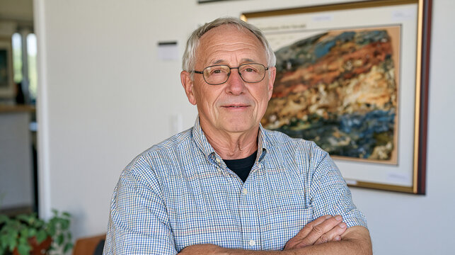 Tunnel construction engineer stands in a minimalist studio beside a cross-section geological core sample display, elderly expert with decades of experience, infrastructure career retrospective, Labo