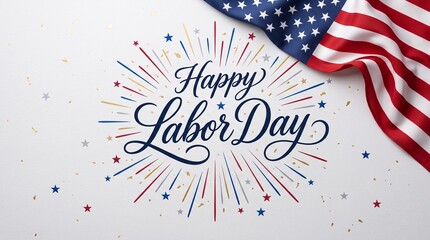 Fototapeta premium Happy Labor Day greeting with American flag and fireworks. Patriotic holiday background with stars and stripes. Festive US celebration banner.