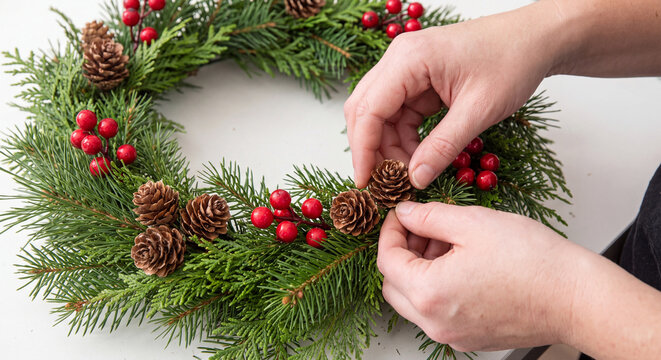Hands carefully arrange brown natural pinecones and vibrant red berries onto a fresh green pine Christmas wreath during holiday DIY crafting