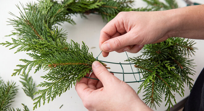 Close up of female hands binding fresh green fir branches onto a circular metal wire frame to create a handmade holiday Christmas wreath