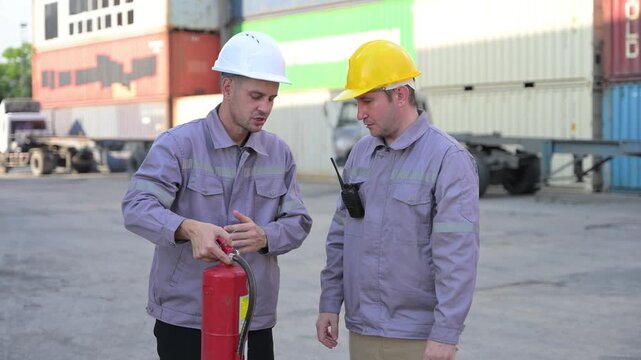 Two male industrial workers practice how to use a fire extinguisher during workplace safety training at a container yard. Concept of fire prevention, emergency preparedness, and safety education.