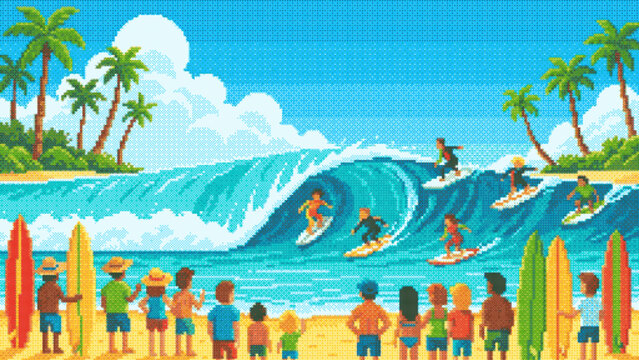 Pixel Art Tropical Beach With Surfers Riding Ocean Waves, Pixel Art Surfing Scene With Surfers and Tropical Beach