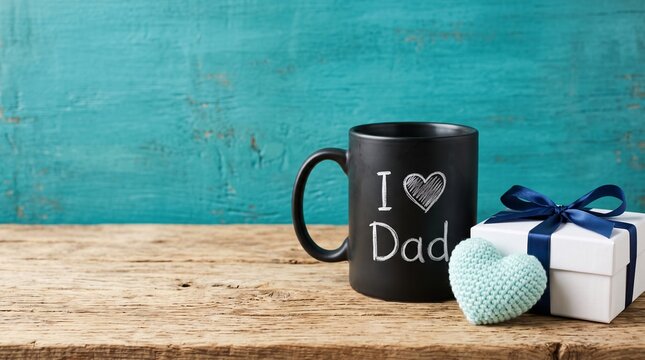 Father's Day gift with I Love Dad coffee mug. White gift box and knitted heart on rustic wood. Father's Day celebration concept.