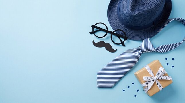 Father's Day flat lay with blue fedora hat, necktie and gift box. Elegant men's accessories and mustache on blue background.