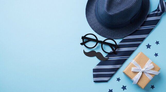 Father's Day flat lay with blue fedora hat and necktie. Gentleman accessories with mustache and gift box. Men's birthday celebration concept.