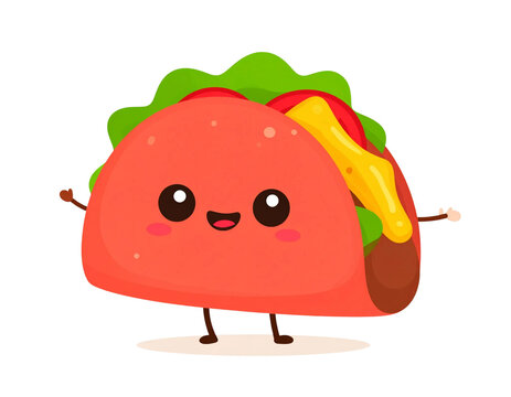 Cute kawaii taco cartoon character with a smiling face and waving hands, vector illustration