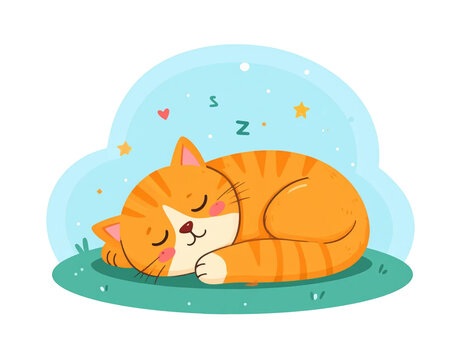 Cute cartoon orange tabby cat sleeping peacefully, vector illustration