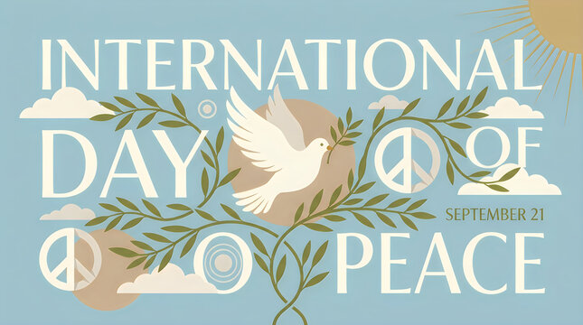 International Day of Peace poster with dove, olive branches, and peace symbols in light blue.