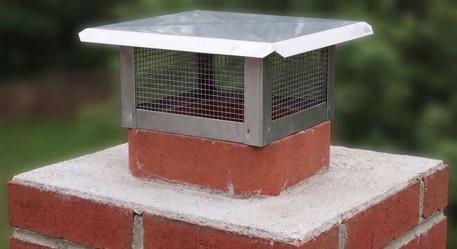 A newly installed durable metal chimney cap with wire mesh screen stands on top of a red brick flue structure outdoors against a green lawn background