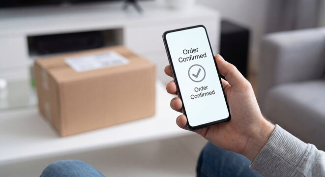 A person holds a smartphone showing an order confirmation screen next to a brown cardboard postal delivery box in a modern living room