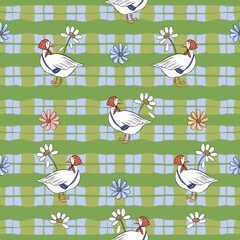 Cute goose and duck seamless pattern on green gingham plaid background with flowers, rustic cottagecore animal design © oanh