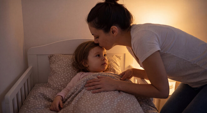 Gentle mother leaning over child bed to kiss forehead of her cute sleeping daughter and tucking her in for sweet dreams at nighttime