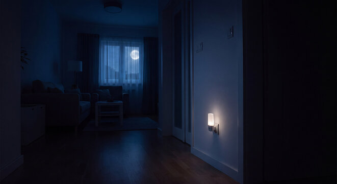 Small electrical LED nightlight glowing in wall power outlet in dark hallway between rooms inside modern apartment at night