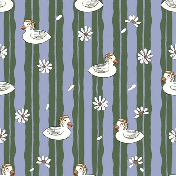 Cute duck seamless pattern with daisies on dark green striped background, vintage farm animal surface design