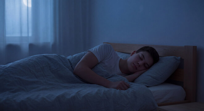 Young teenage boy lying asleep peacefully under warm soft duvet on pillow in quiet dark bedroom illuminated by subtle moonlight